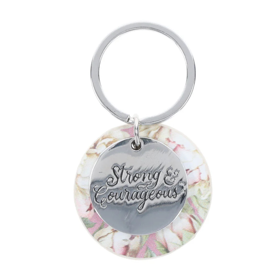 Strong and Courageous Metal and Faux Leather Key Ring
