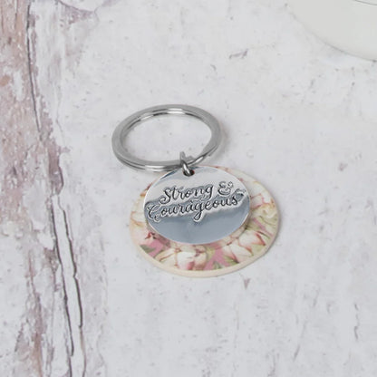 Strong and Courageous Metal and Faux Leather Key Ring