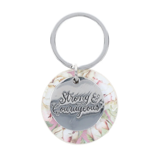 Strong and Courageous Metal and Faux Leather Key Ring